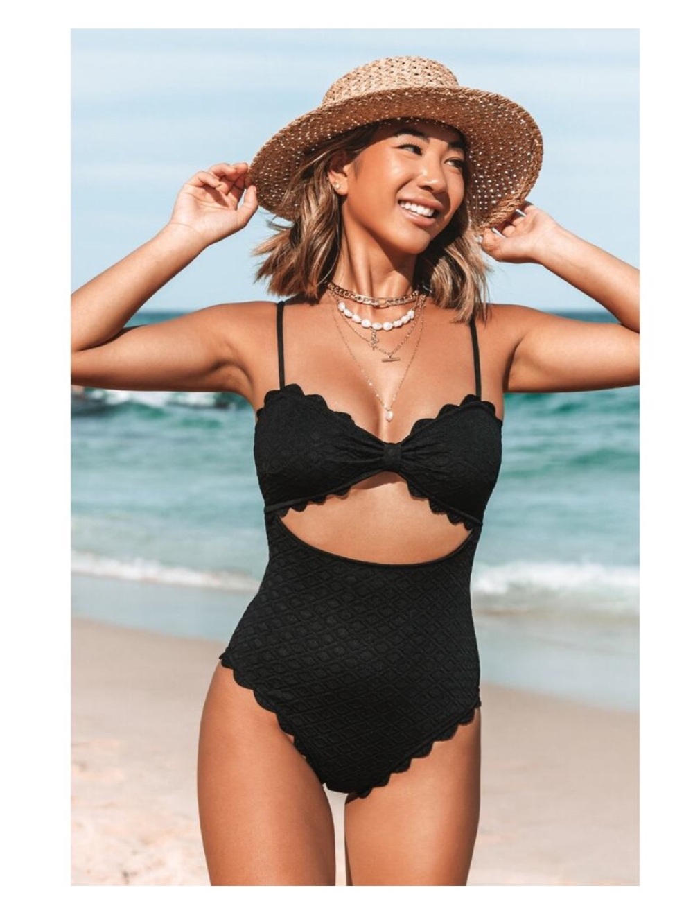 Cupshe Black Scallop-Trim One-Piece Swimsuit Womens Size M NEW